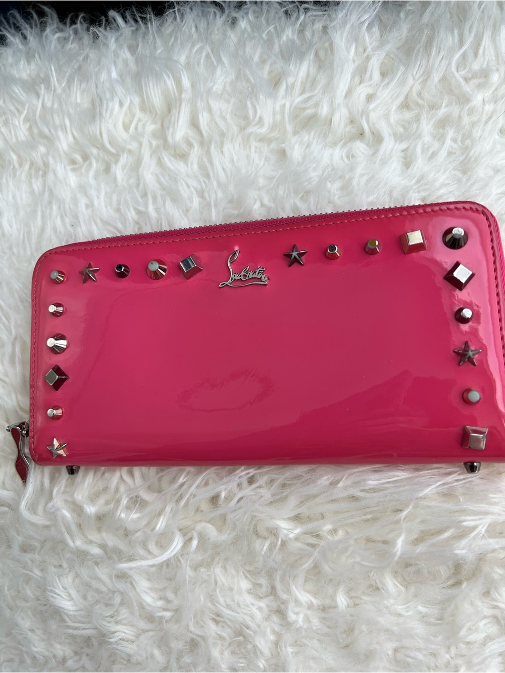Christian Louboutin Panettone Hot Pink Patent Studded Zip-Around Wallet